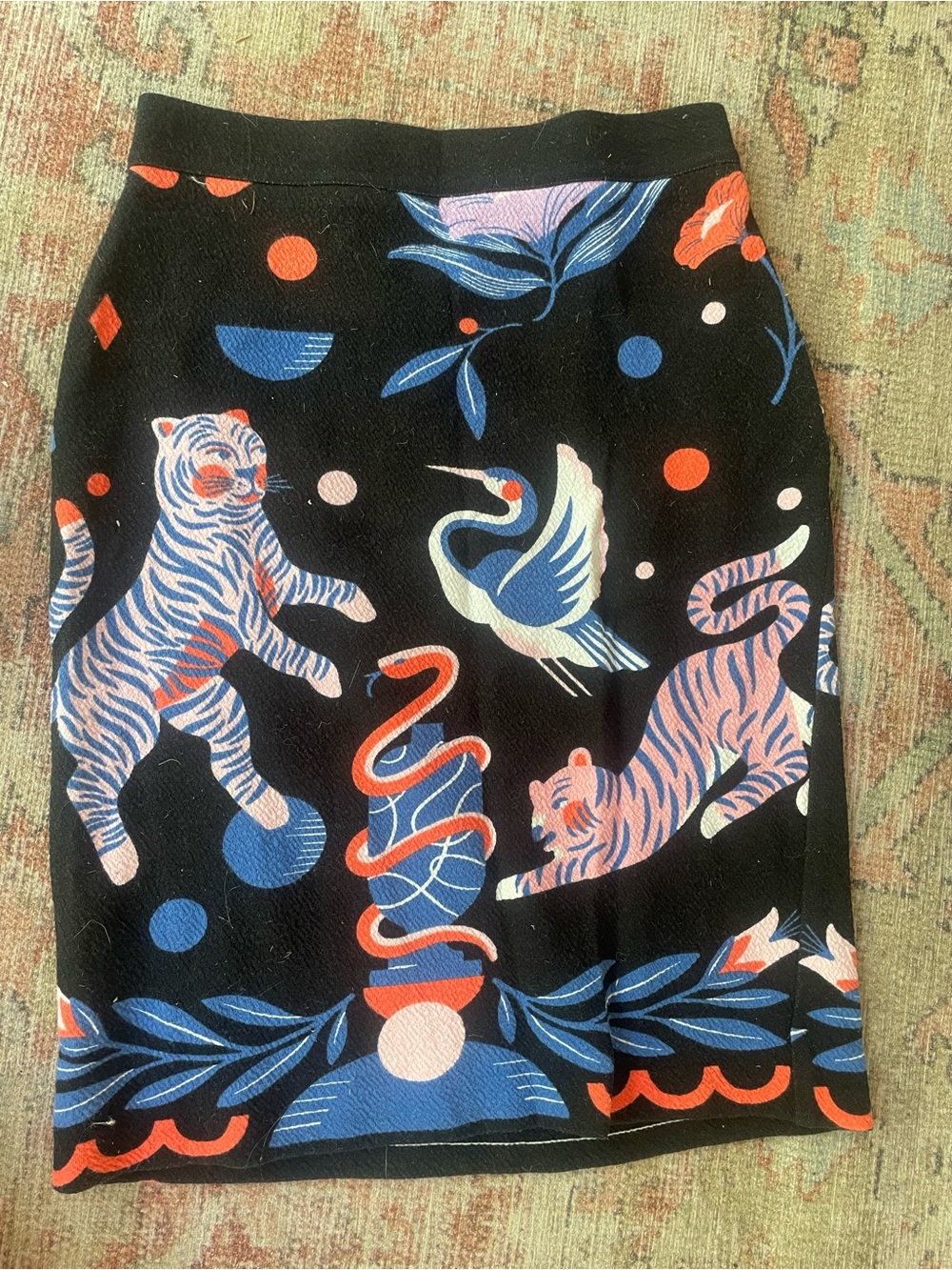 Anthropologie Black Pencil Skirt with Blue, Pink & Orange Motif